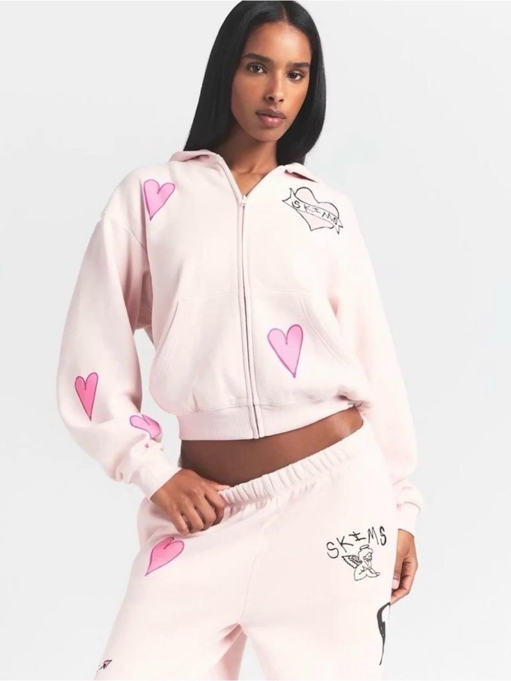 SKIMS Cotton Fleece Classic Zip Up Hoodie in Barely Pink Angel Sketch